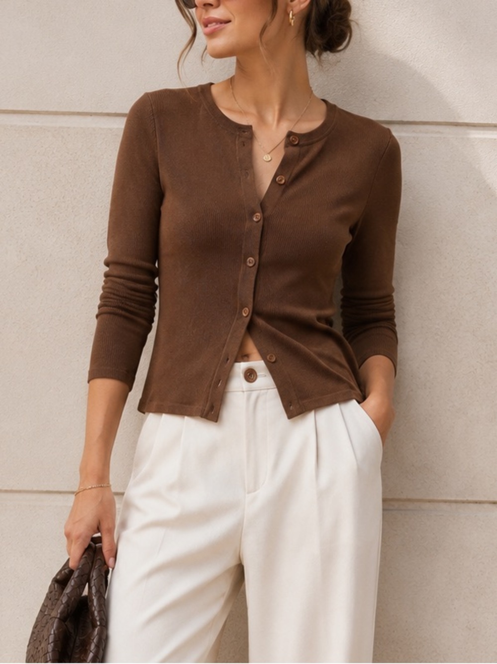 Dynamite Rebecca Crewneck Cardigan – Cocoa Brown (Size Sm)